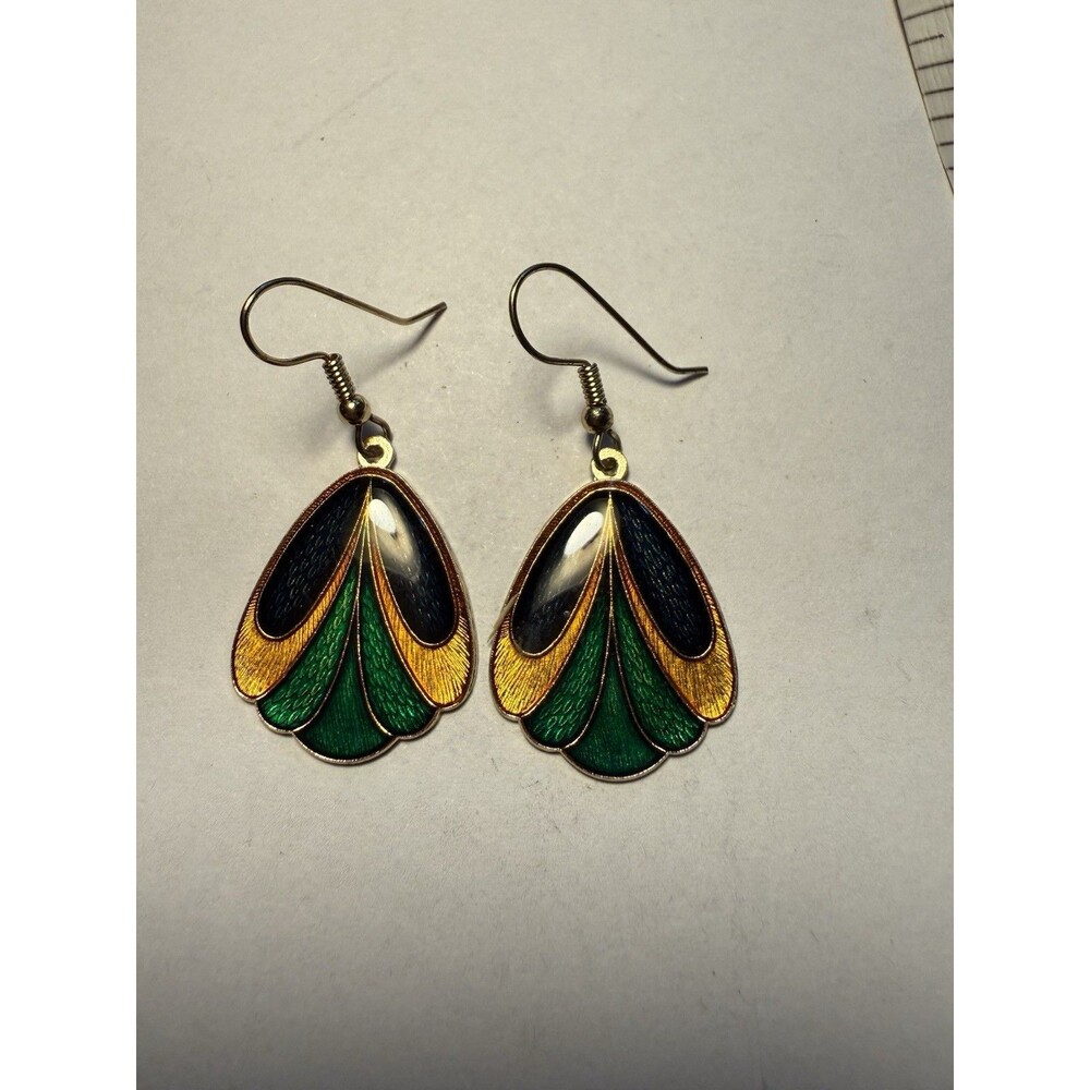 Goldtone And Enamel Multicolor Peacock Pierced Hanging Earrings